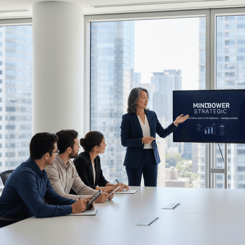 Diverse executive leading a team in a bright, modern office, symbolizing fractional executive services.