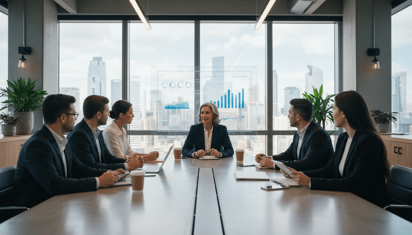 experienced executive in professional meeting at modern office table with team members